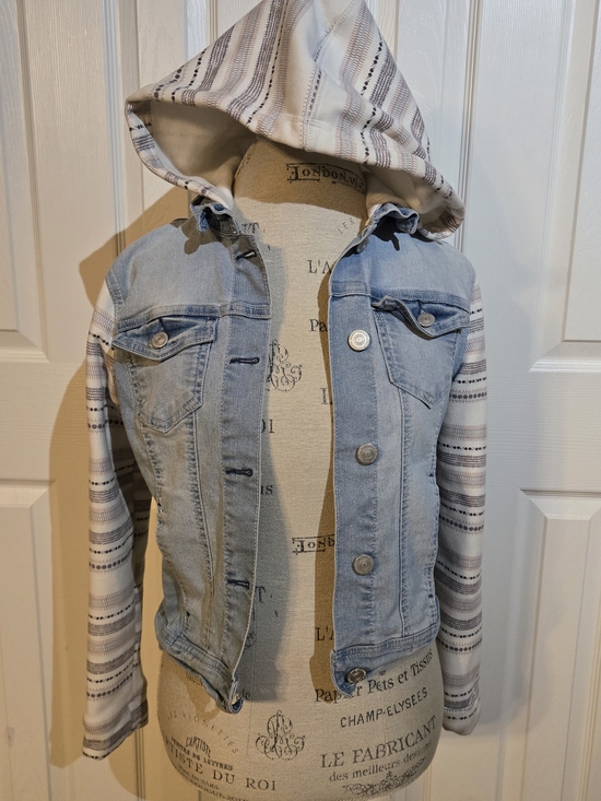 Wallflower Jackets & Blazers - Womens Light Wash Denim Jacket with Striped Hooded Sleeves